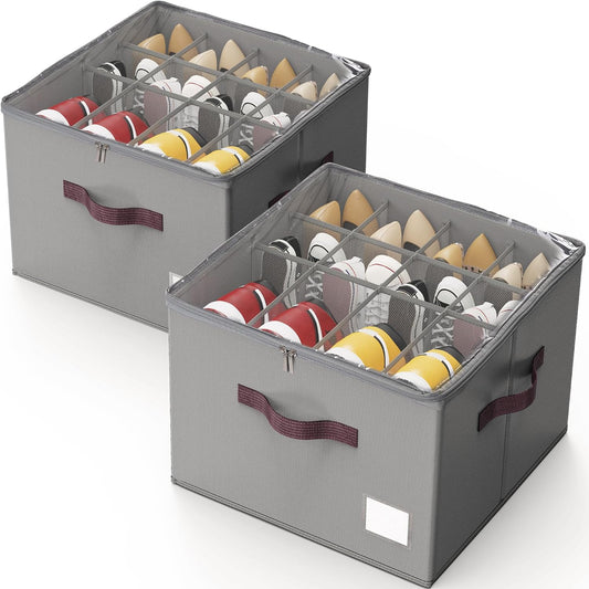 Criusia Shoe Organizer for Closet, 2 Pack Shoe Organizer with Transparent Cover and Sturdy Handles, Closet Shoe Storage for Sneakers Sandals Slippers, Fit 12-16 Pairs, Gray
