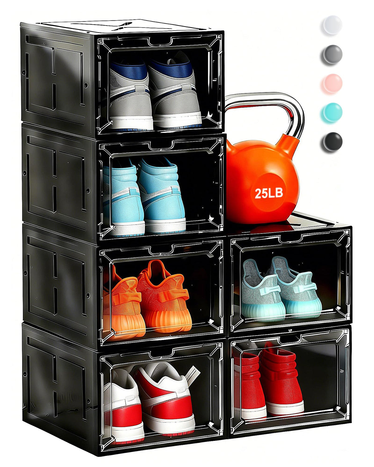 6 Pack Large Drop-Front Black Transparent Shoe Boxes, Stackable Sneaker Storage Container for Closet, Fits US Size 13+, Magnetic Front Door, Heavy-Duty Reinforced Plastic Shoe Organizer