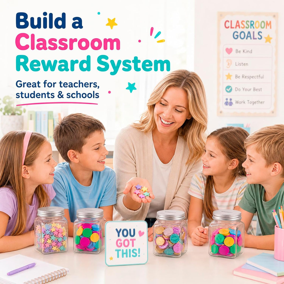 Roowest 24 Pcs Reward Coin Jars for Kids Classroom Behavior Management
