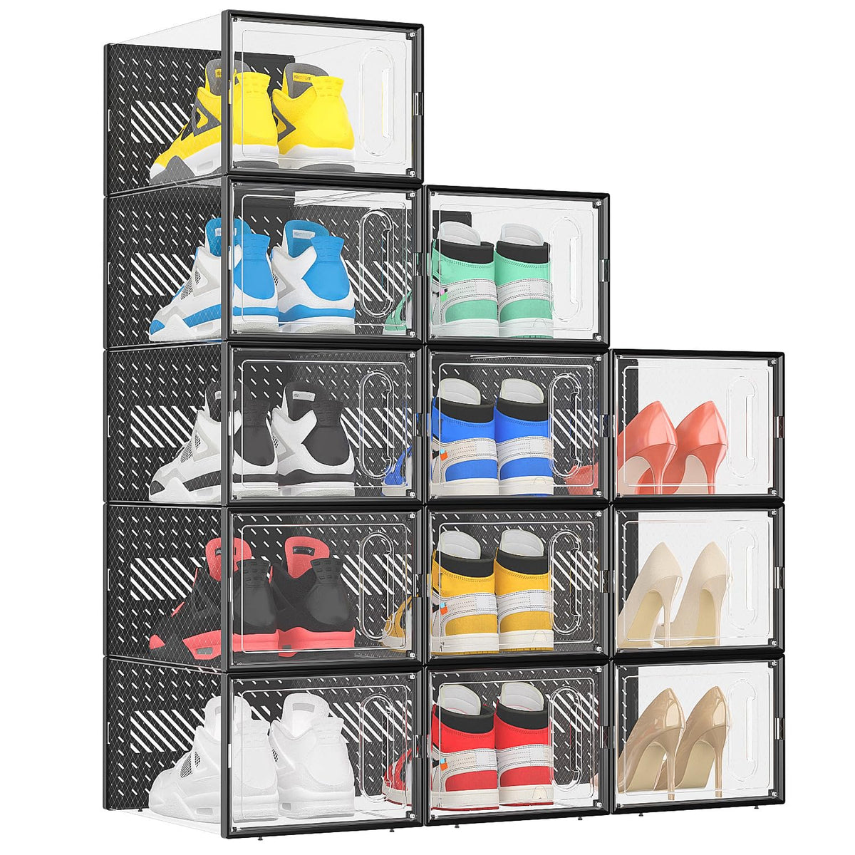 eWonLife Large Shoe Organizer Storage Box with Magnetic Door,12 Pack Clear Plastic Stackable Sneaker Containers for Closet, Connect Left and Right Shoe Box for Entryway, Drop Front, Under Bed (Grey)