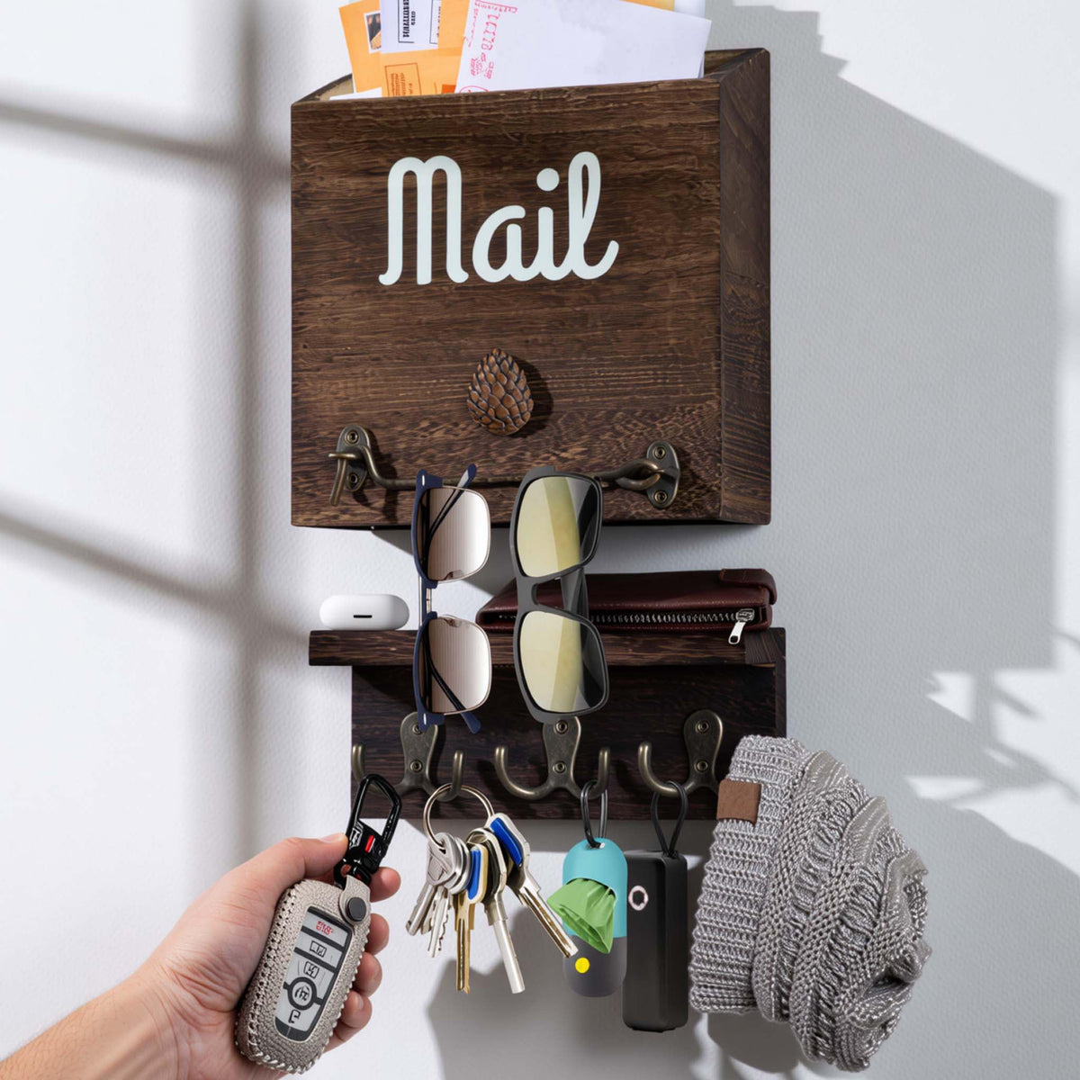 eBun Narrow Wood Mail Holder with 6 Key Hooks