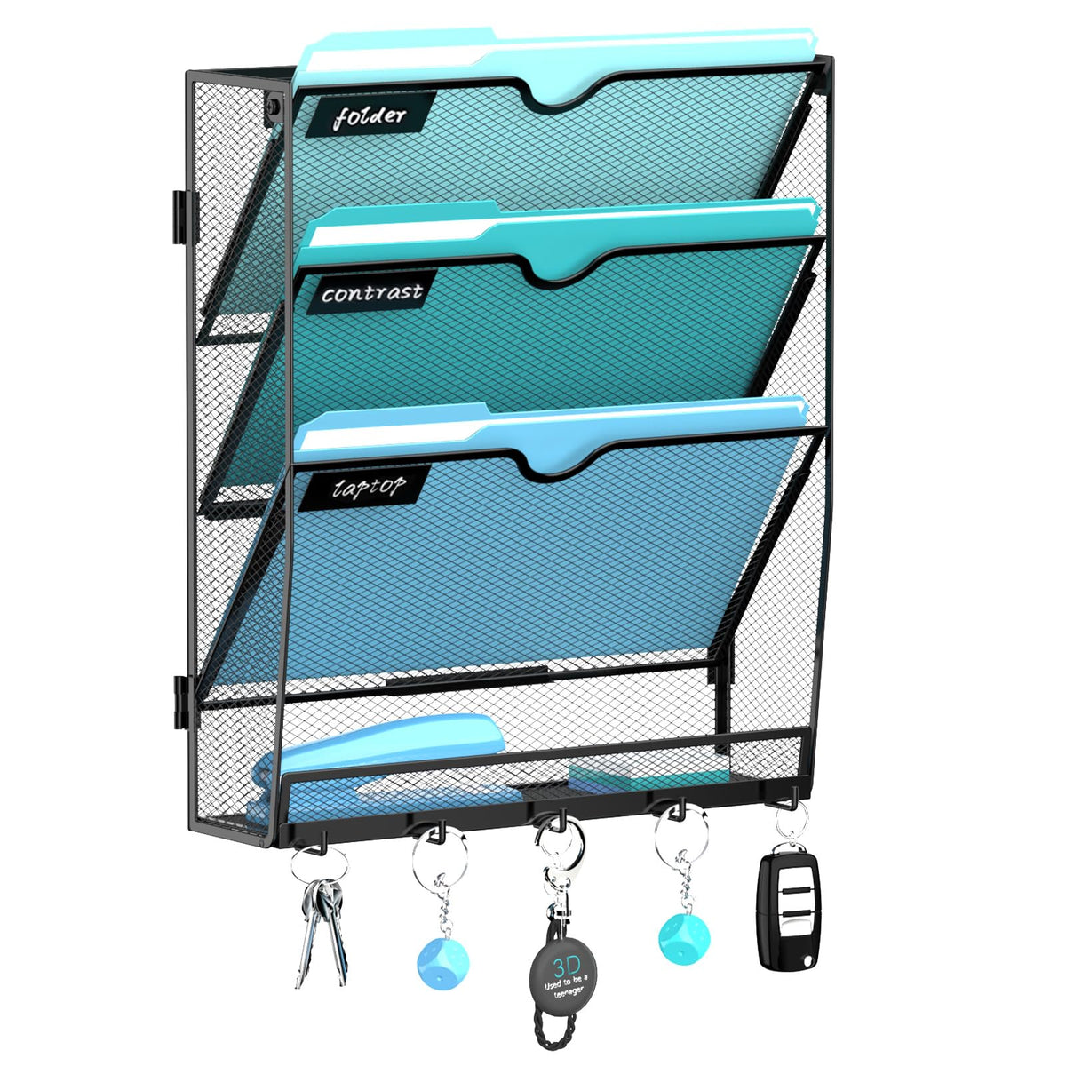 8-Tier Wall File Organizer and Mail Organizer with 5 Hooks, Black