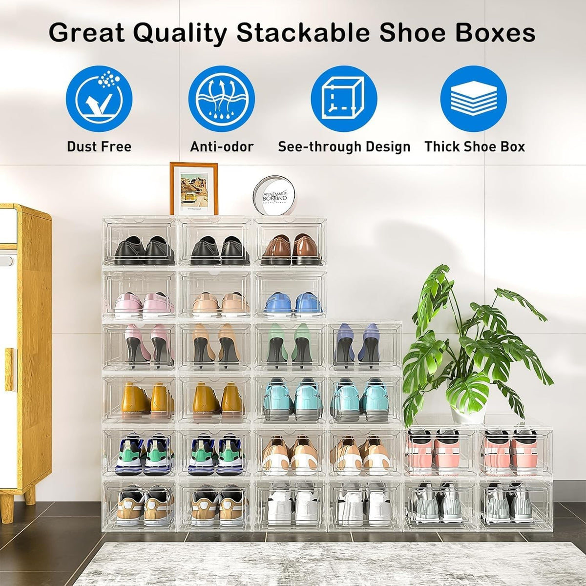 10 Pack Thickened Plastic Clear Stackable Shoe Box Organizer, White