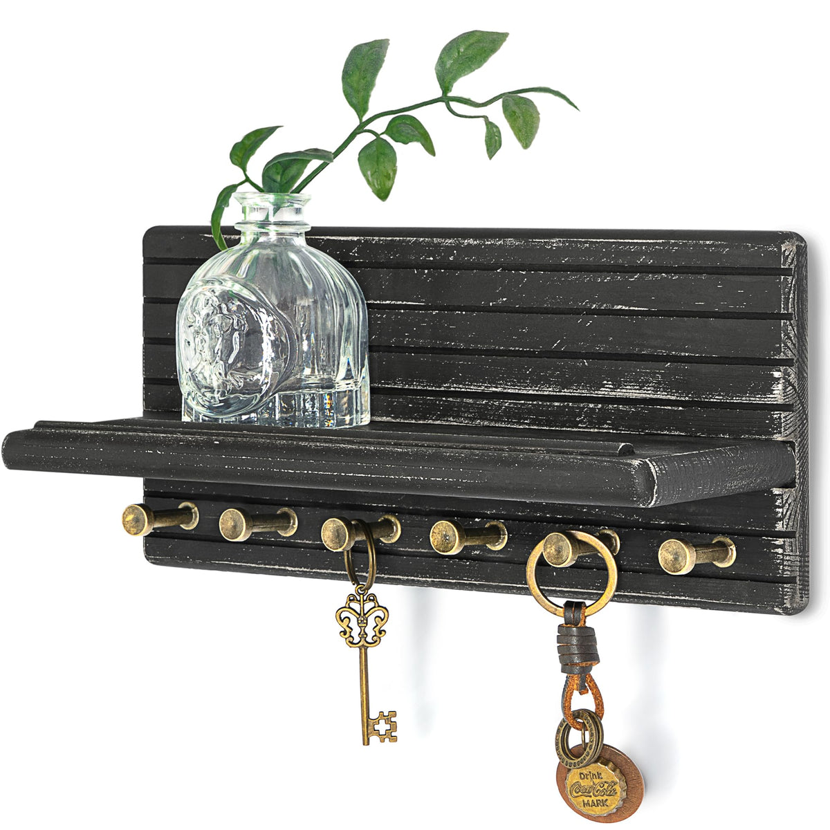 Rebee Vision Pine Wood Key Holder Wall Mount with Shelf for Entryway, Brown