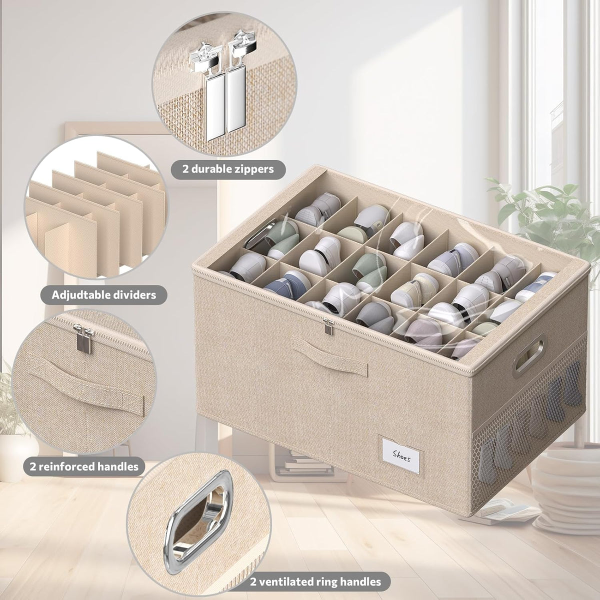 Shoe Organizer for Closet, Shoe Box Storage Containers Fit 18 Pairs Foldable Shoe Storage Bins with Clear Cover & Adjustable Dividers for Shoes Blankets Linen Clothing (Beige, (24.4*16.5*12.9)x1)