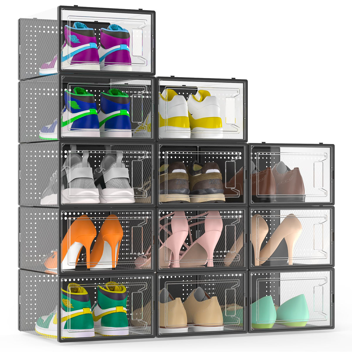 12 Pack Large Stackable Clear Plastic Shoe Storage Boxes Organizer, White