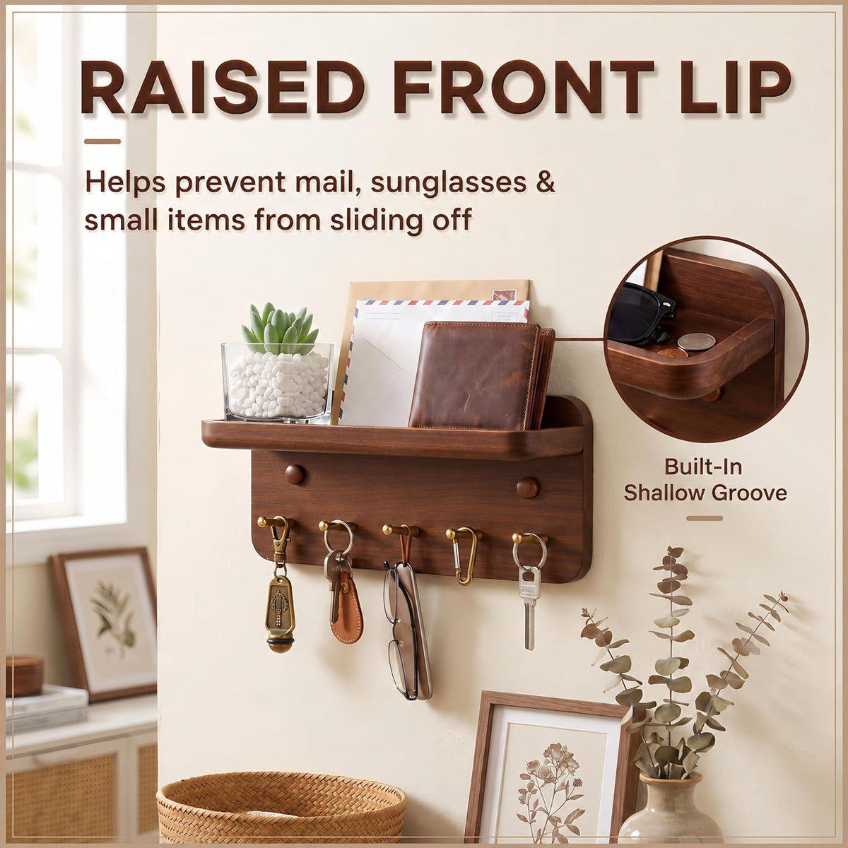 Mifoci Solid Wood Key Holder for Wall, 5 Brass Hooks & 3 Hidden Magnets