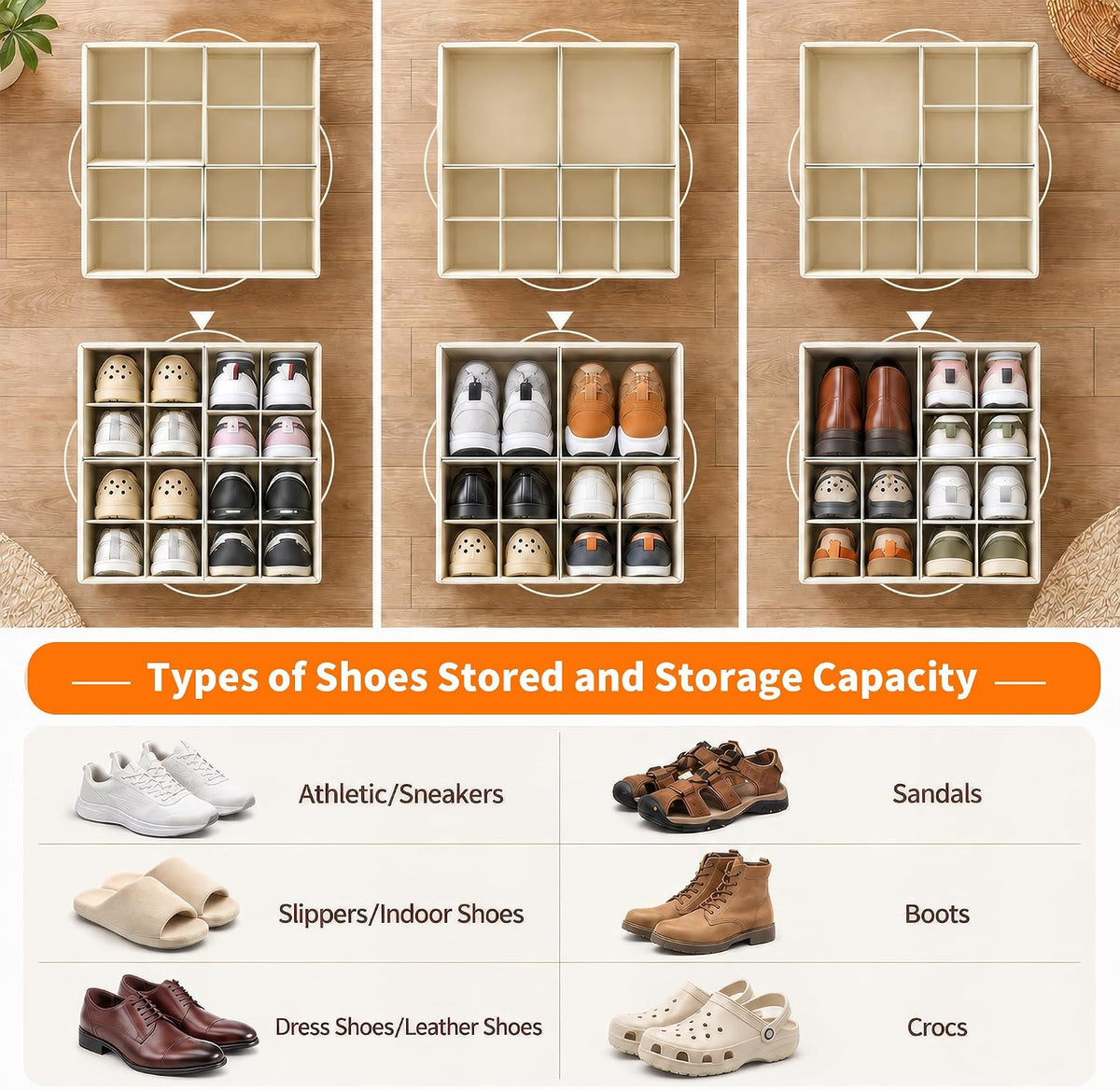 Shoe Organizer for Closet, Foldable Shoe Storage with Adjustable Dividers