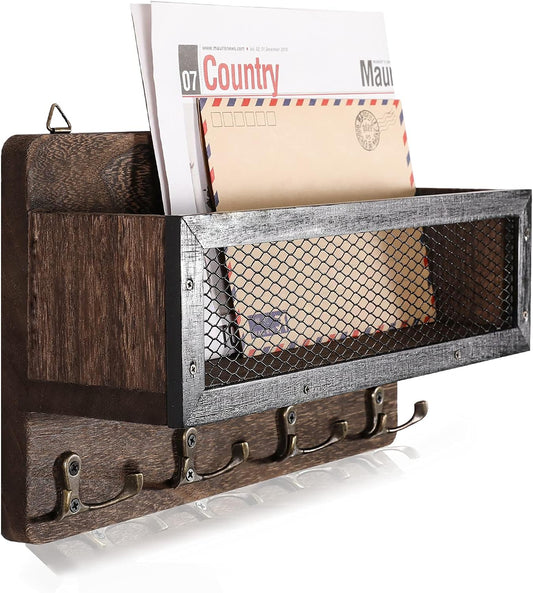 ADIIL Mail and Key Holder for Wall Decorative, Wooden Wall Mount Key Rack Hanger Organizer with 4 Double Key Hooks, Rustic Home Decor for Entryway Hallway, Brown