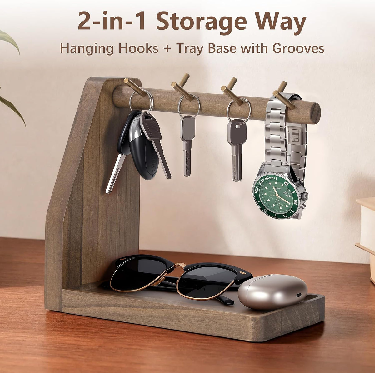 Key Tray with 7 Hooks for Keys and Jewelry, Fit Entryway Table