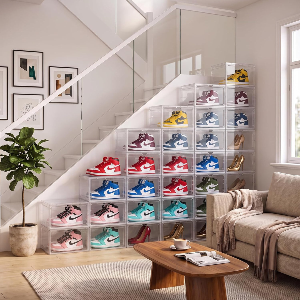 Large Clear Shoe Storage Boxes Stackable, 8 Pack Hard Plastic Shoe Storage Organizer with Magnetic Door, Shoe Container Sneaker Storage Display Case Fit up to US Size 13 Clear