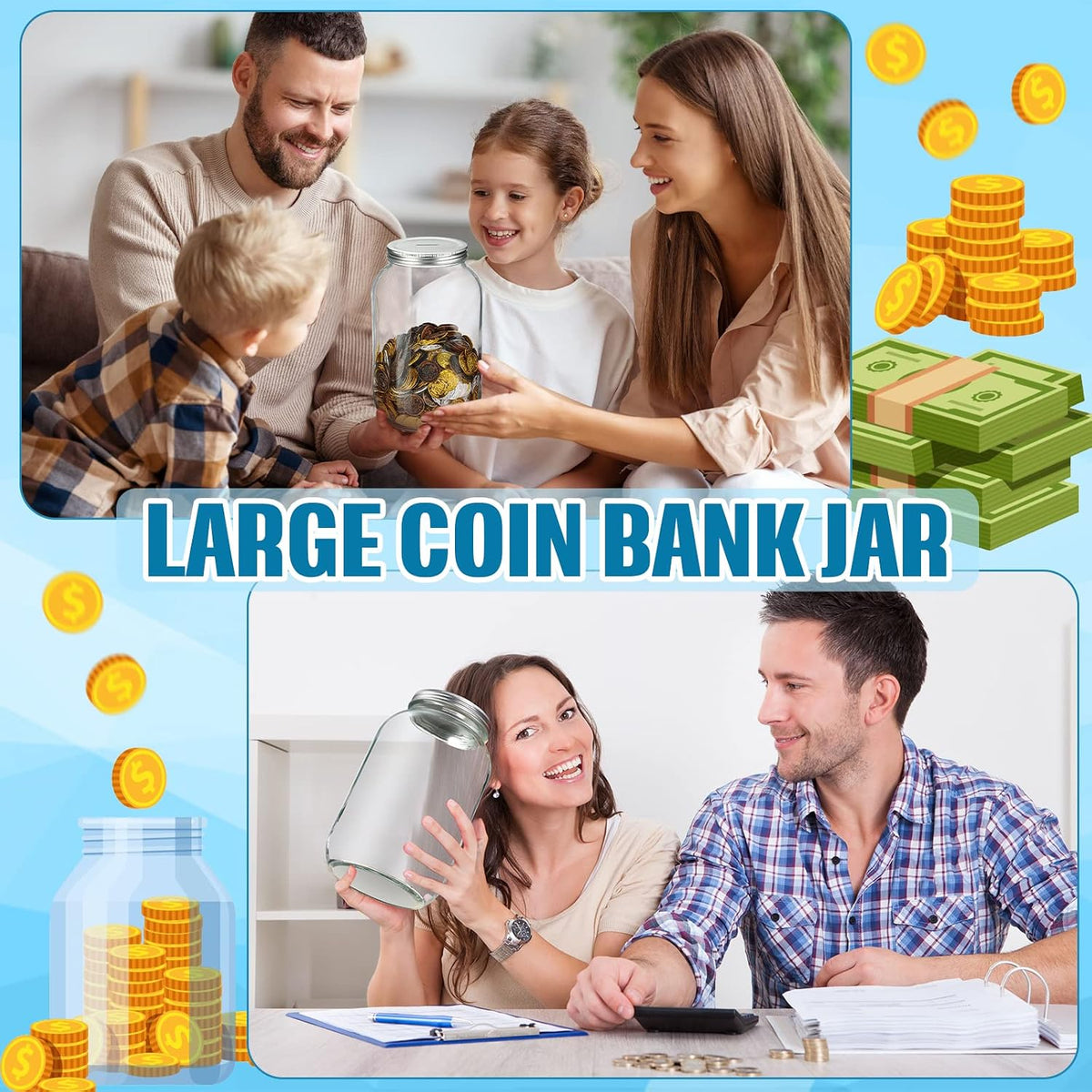 Yinkin 1 Gallon Large Clear Coin Bank Jar with Slotted Lid Large Piggy Change Bank for Adults Teens Holds About 3000 in Coins Glass Money Tip Change Savings Jar for Raffle Ticket Fund Adults Gift