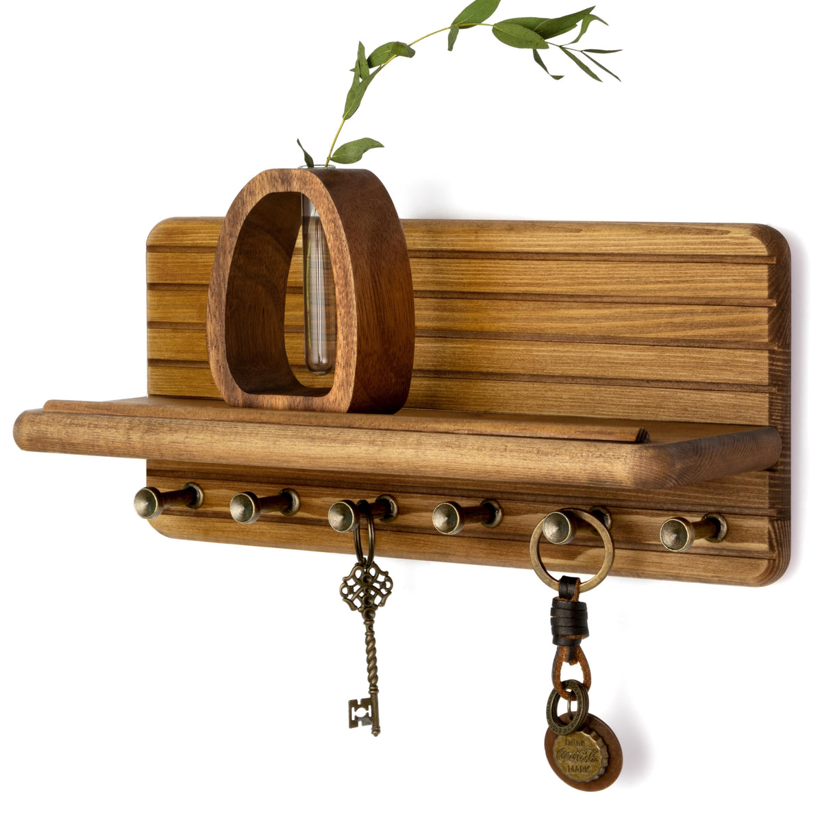 Rebee Vision Pine Wood Key Holder Wall Mount with Shelf for Entryway, Brown