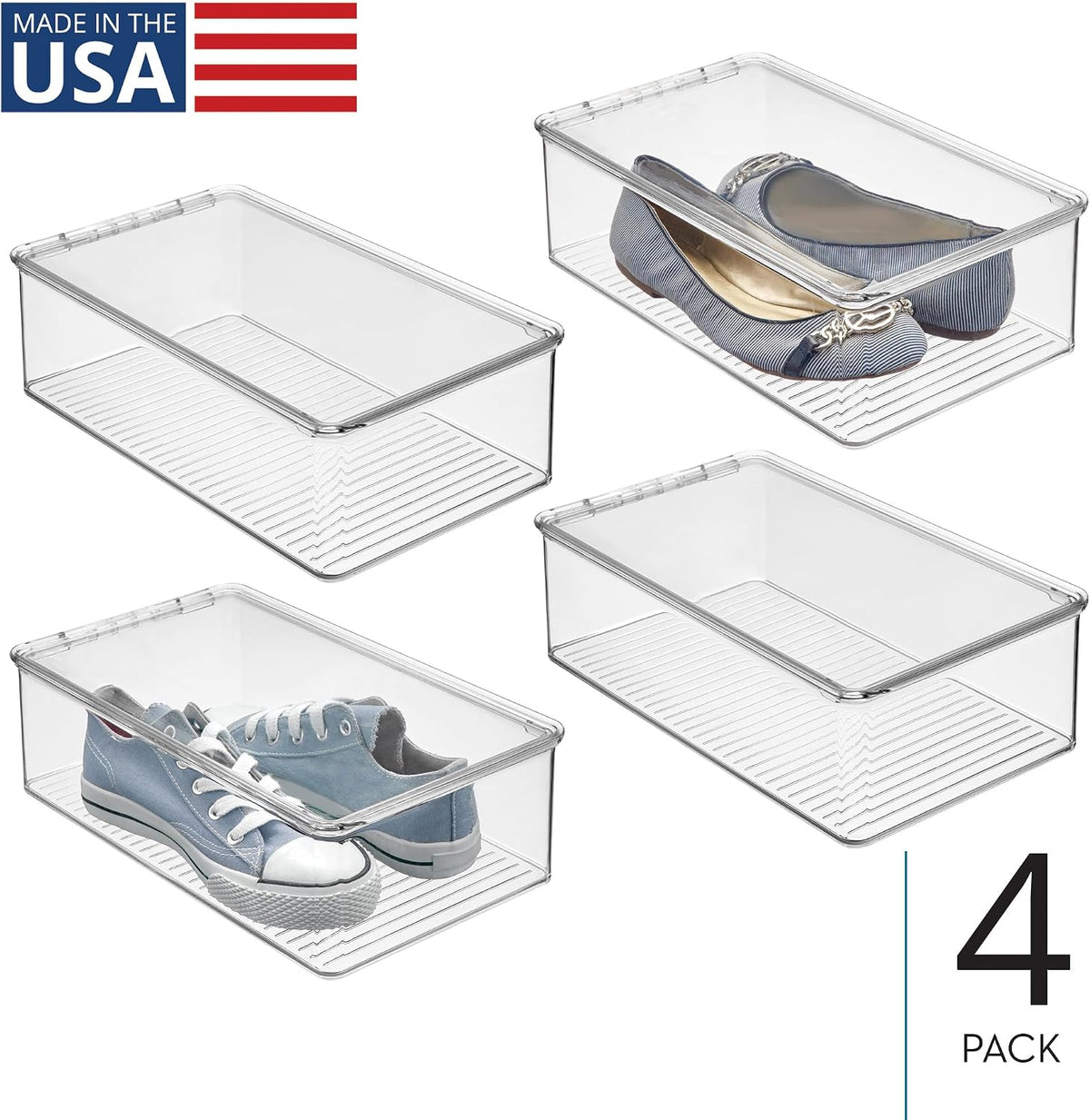 iDesign Stackable Plastic Shoe Box with Hinged-Lid, Set of 4, Clear