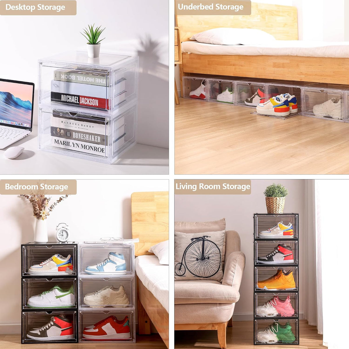 Attelite Large Shoe Boxes 8 Pack Drop Side Shoe Storage Containers Black