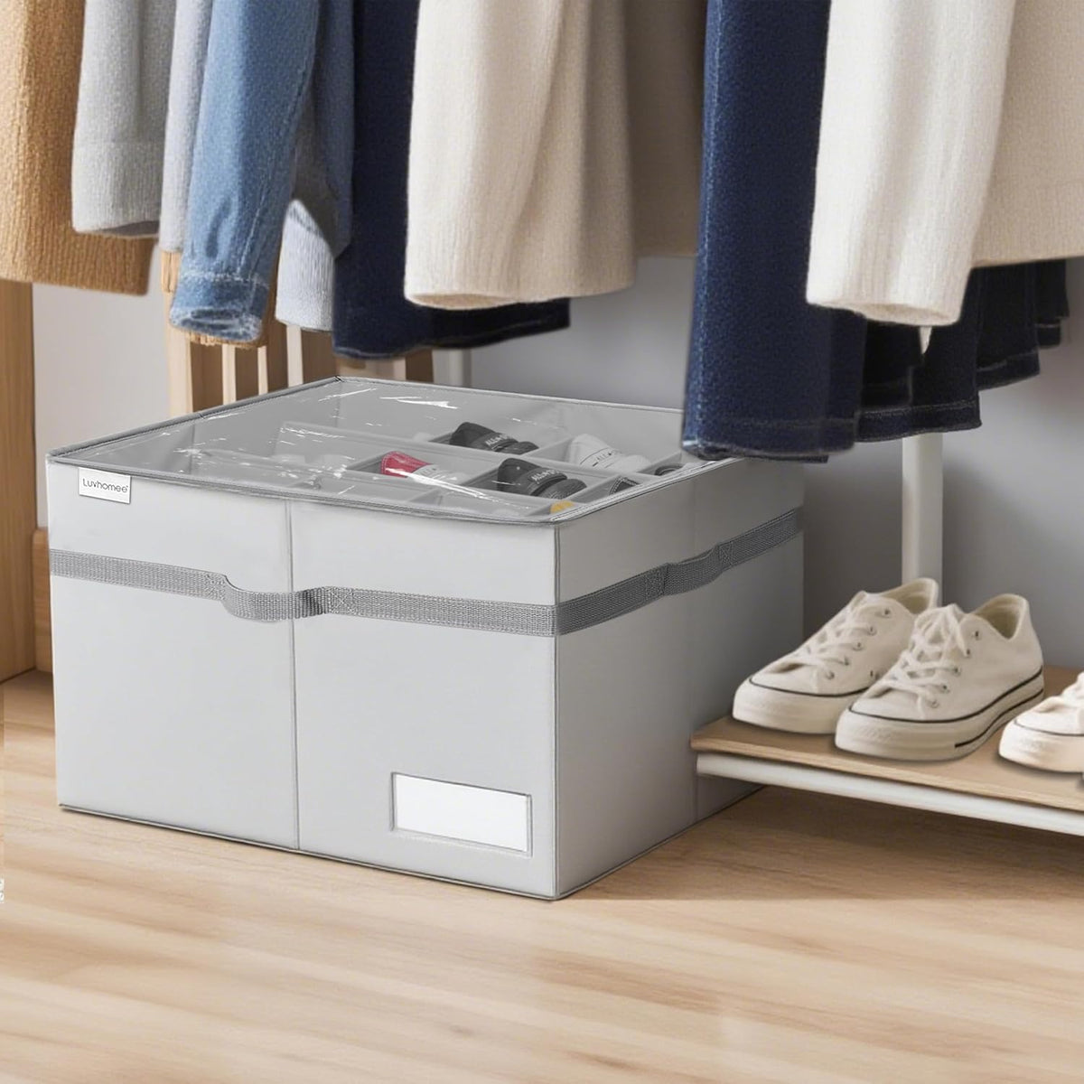 LUVHOMEE Shoe Organizer for Closet, Fits 16 Pairs, Large Shoe Box Storage Containers, Clear Foldable Shoe Storage Bins w/Bottom Support, Space Saving Shoes Holder w/Reinforced Handles, Gray
