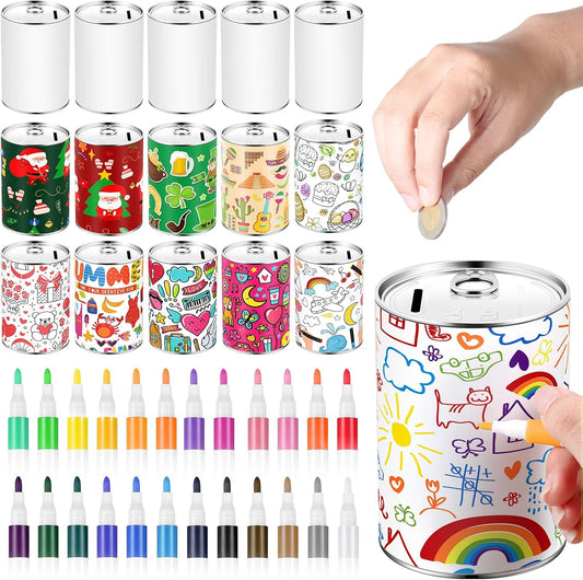 Tandefio 16 Pcs Kids DIY Coin Piggy Bank Metal Craft 24 Marker, White
