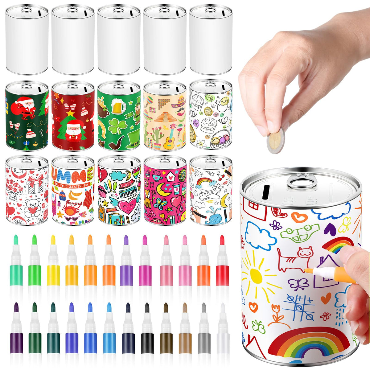 Tandefio 16 Pcs Kids DIY Coin Piggy Bank Metal Craft 24 Marker, White