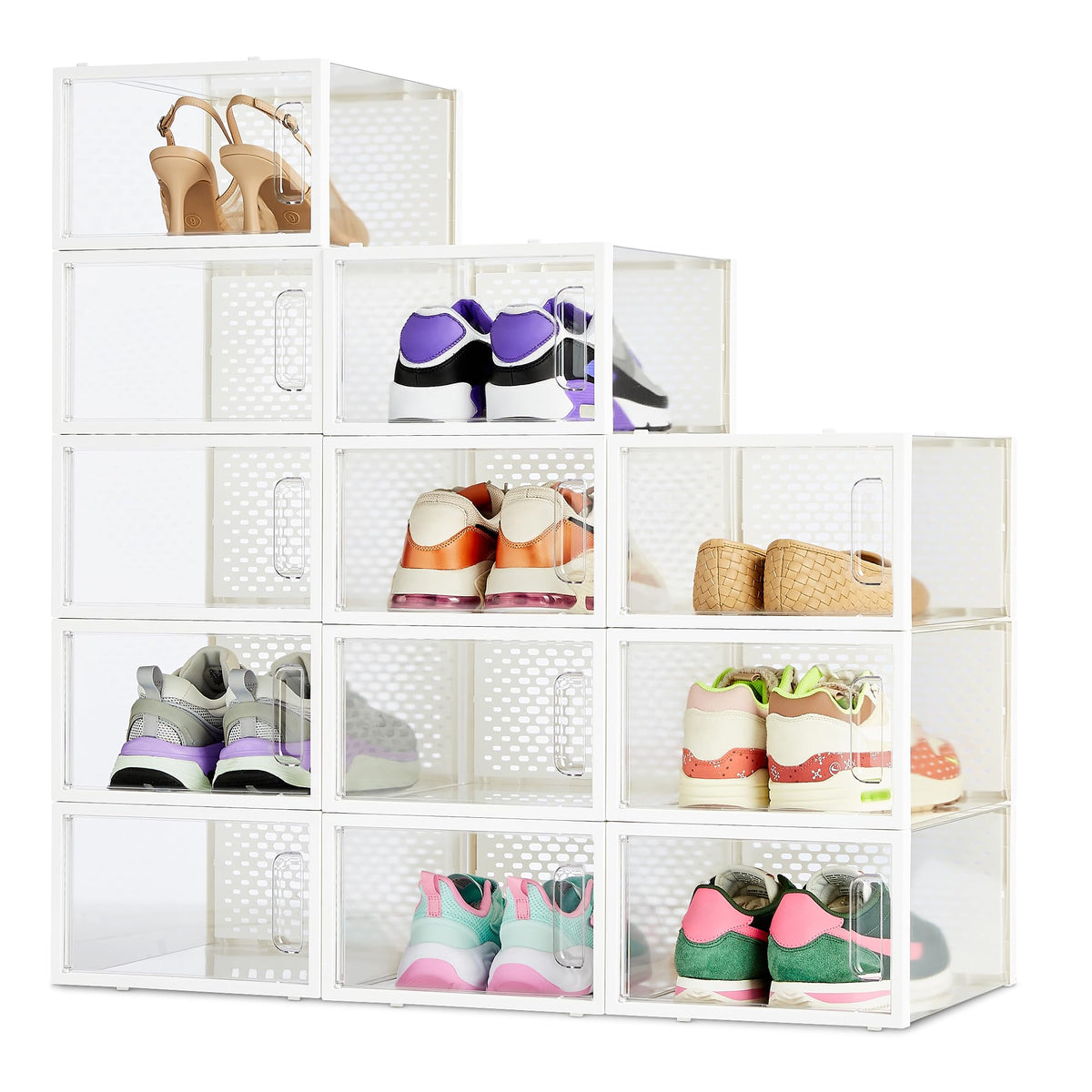 Amazon Basics Stackable and Foldable Clear Shoe Storage Organizer Box, Large, 12-Pack