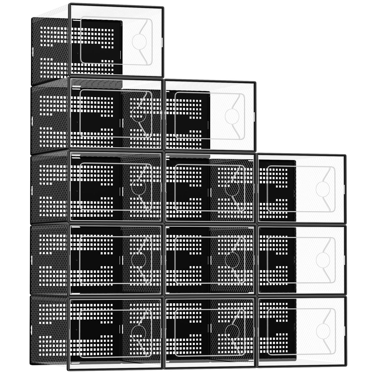 DUMOS Shoe Storage Boxes, 12-Pack Stackable Clear Shoe Containers with Lids, Display Sneaker Case Organizer for Closet, Under Bed, Entryway, Black, Fit Size 11