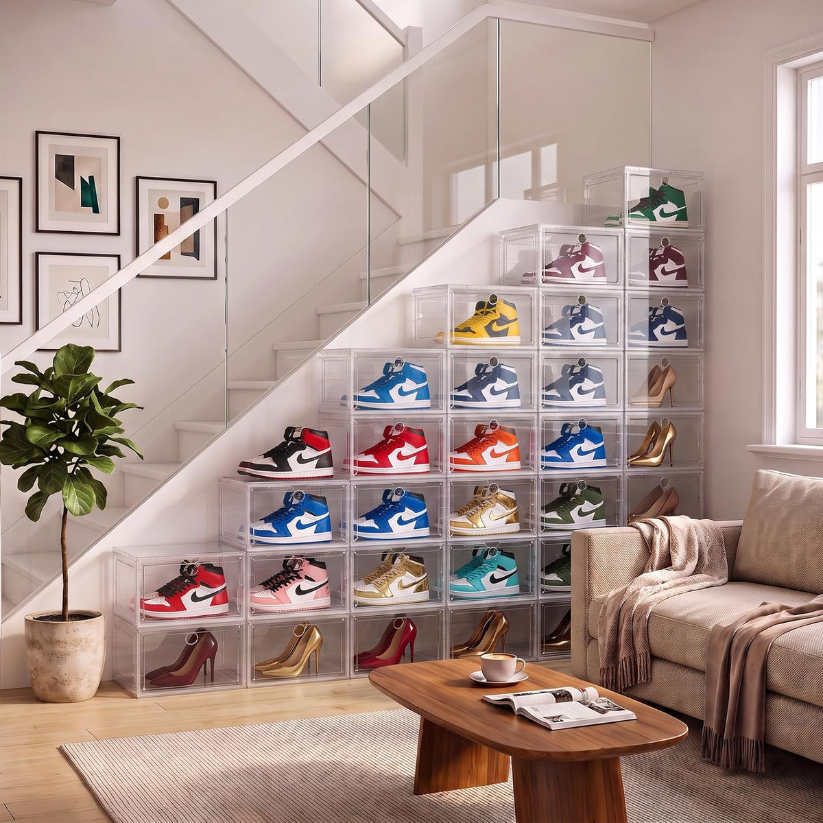 Large Clear Plastic Stackable Shoe Boxes 8-Pack, Drop Side Shoe Organizers