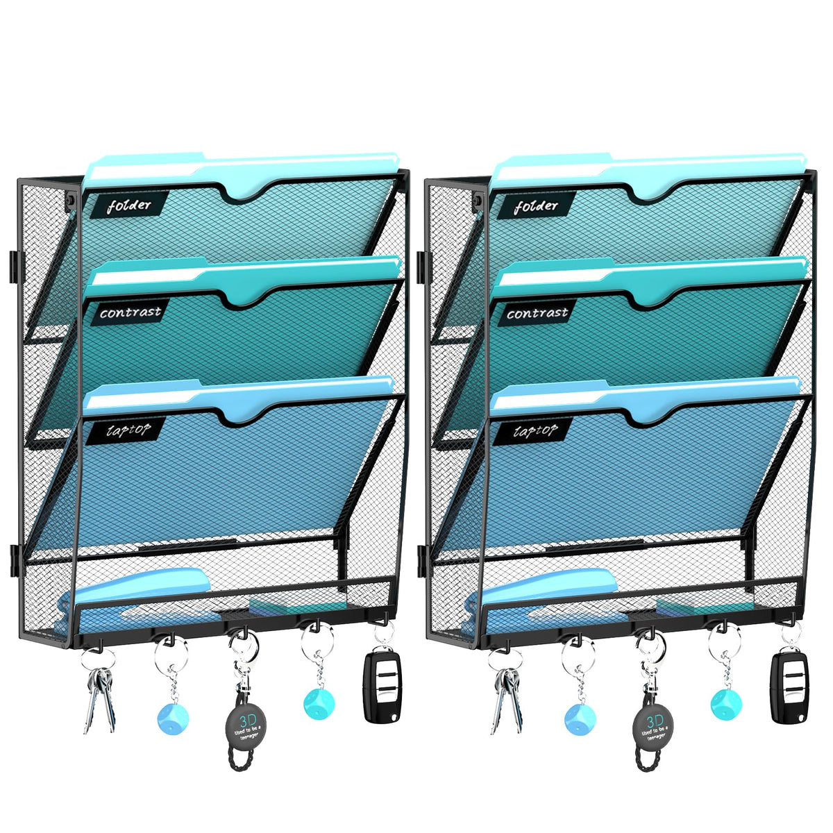 8-Tier Wall File Organizer and Mail Organizer with 5 Hooks, Black