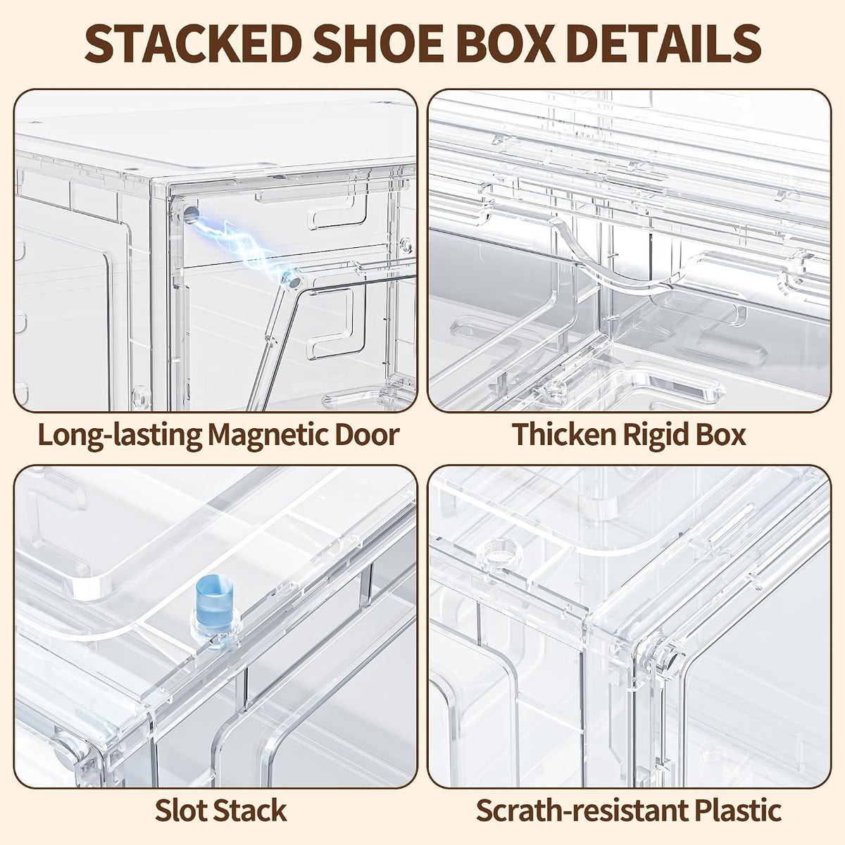 6 Pack Hard Plastic Clear Shoe Storage Organizer Boxes, White