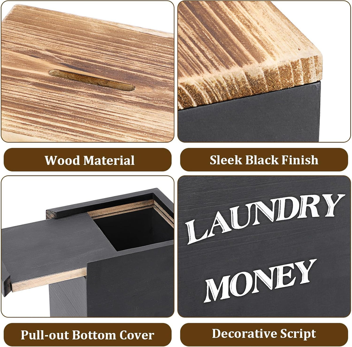 Wooden Piggy Bank for Laundry Room, Rustic Coin Jar with Money Slot