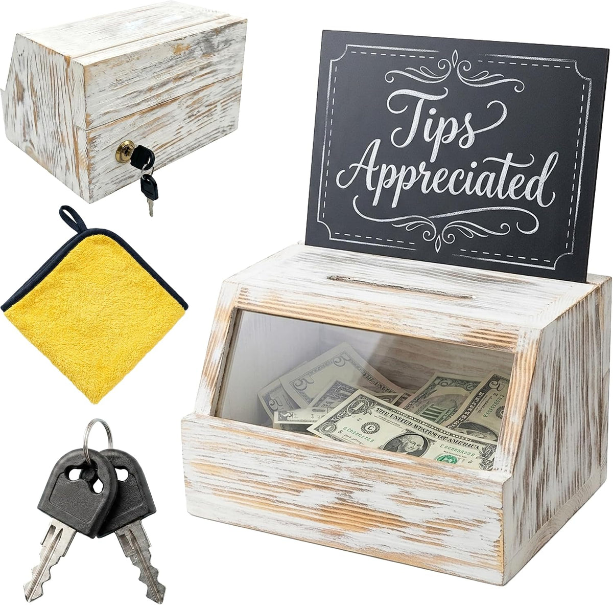 Tip Jar with Lock and Key – Wooden Cash Box for Bar, Cafe and Food Truck