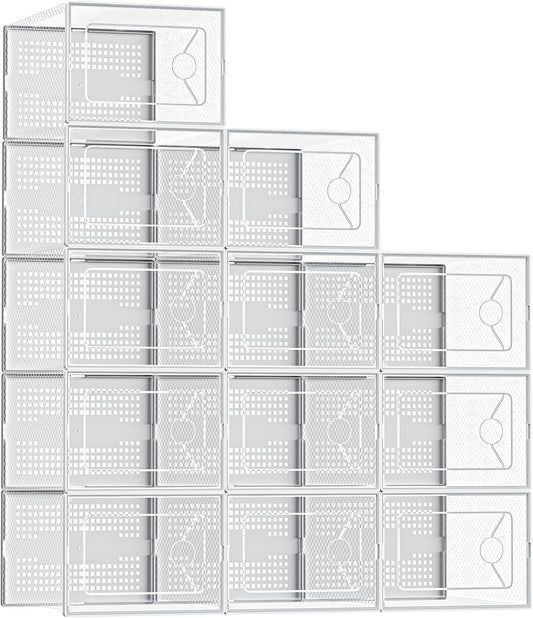 OLIXIS X-Large Shoe Storage Boxes, 12-Pack Clear Stackable Shoe Organizers with Lids, Sneaker Display and Storage Containers for Closet, Under Bed, Entryway, White