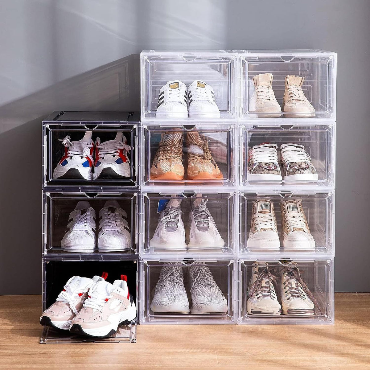 Attelite Clear Shoe Storage Boxes Stackable Shoe Organizer,Black,9Pack