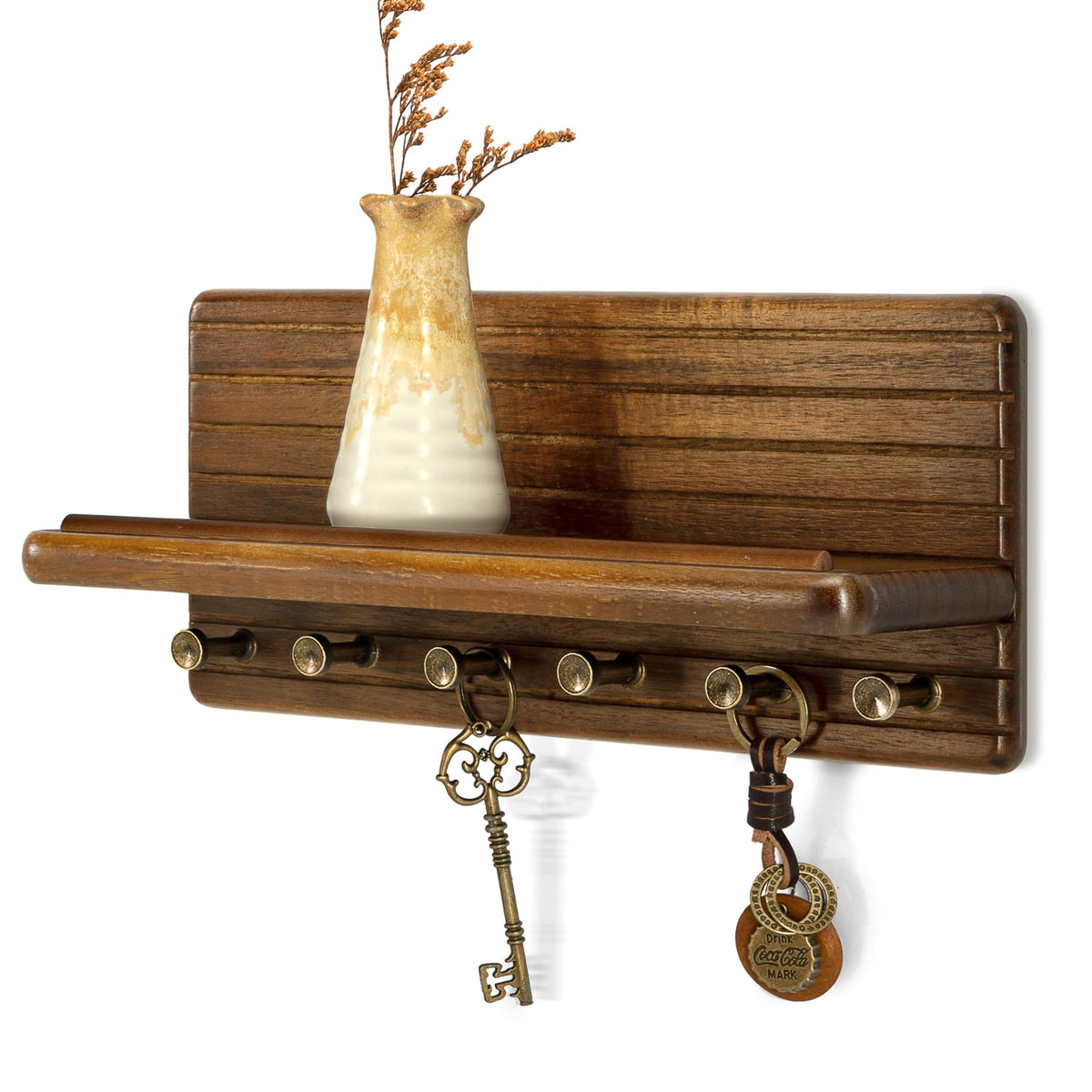 Rebee Vision Pine Wood Key Holder Wall Mount with Shelf for Entryway, Brown
