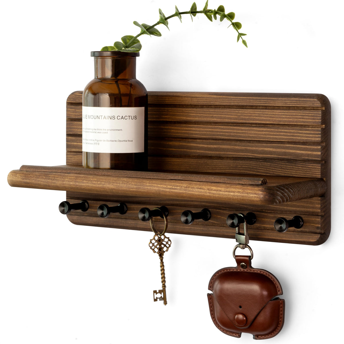 Rebee Vision Pine Wood Key Holder Wall Mount with Shelf for Entryway, Brown
