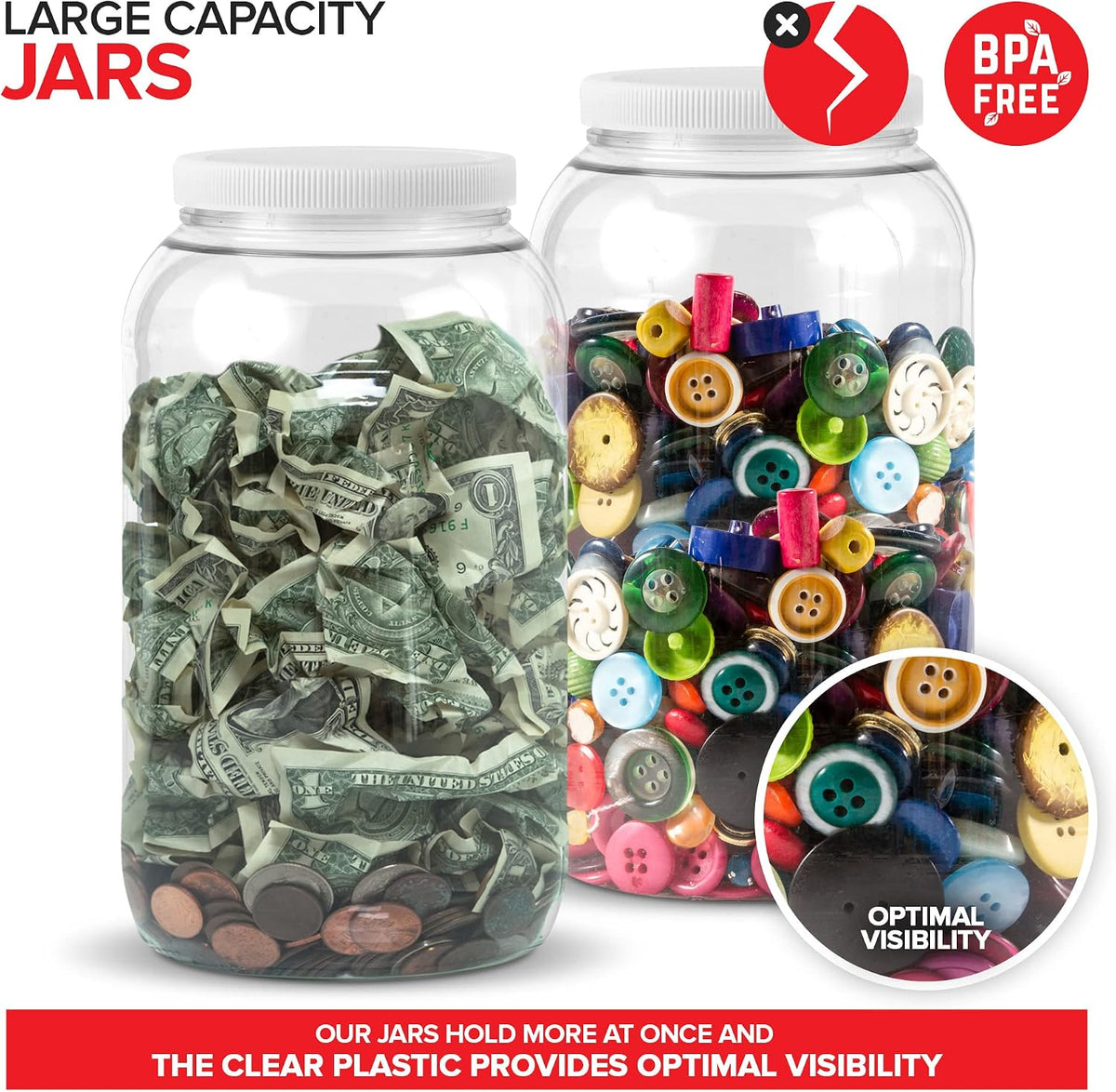 Stock Your Home 1 Gallon Clear Plastic Jars with Lids (2 Pack) 128 oz Wide Mouth Large Jar with Lid, Big Container for Candy, Cookies, Arts & Crafts, Bartender Money Tips, Kitchen & Pantry Storage