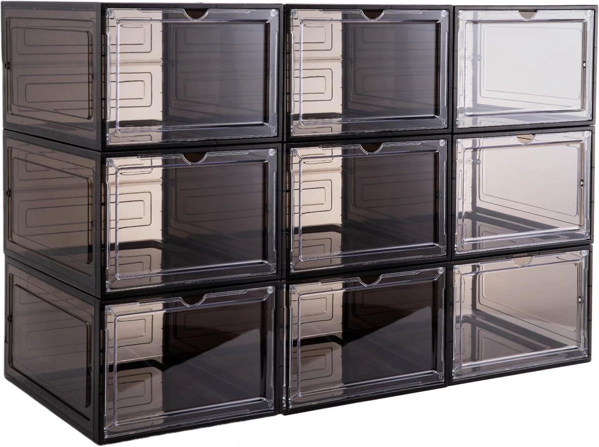 Attelite Clear Shoe Storage Boxes Stackable Shoe Organizer,Black,9Pack