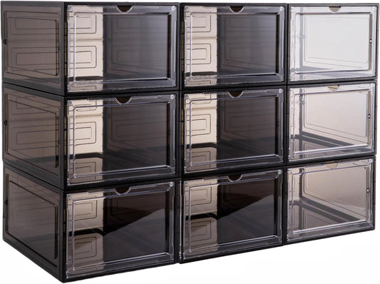 Attelite Clear Shoe Storage Boxes Stackable Shoe Organizer,Black,9Pack