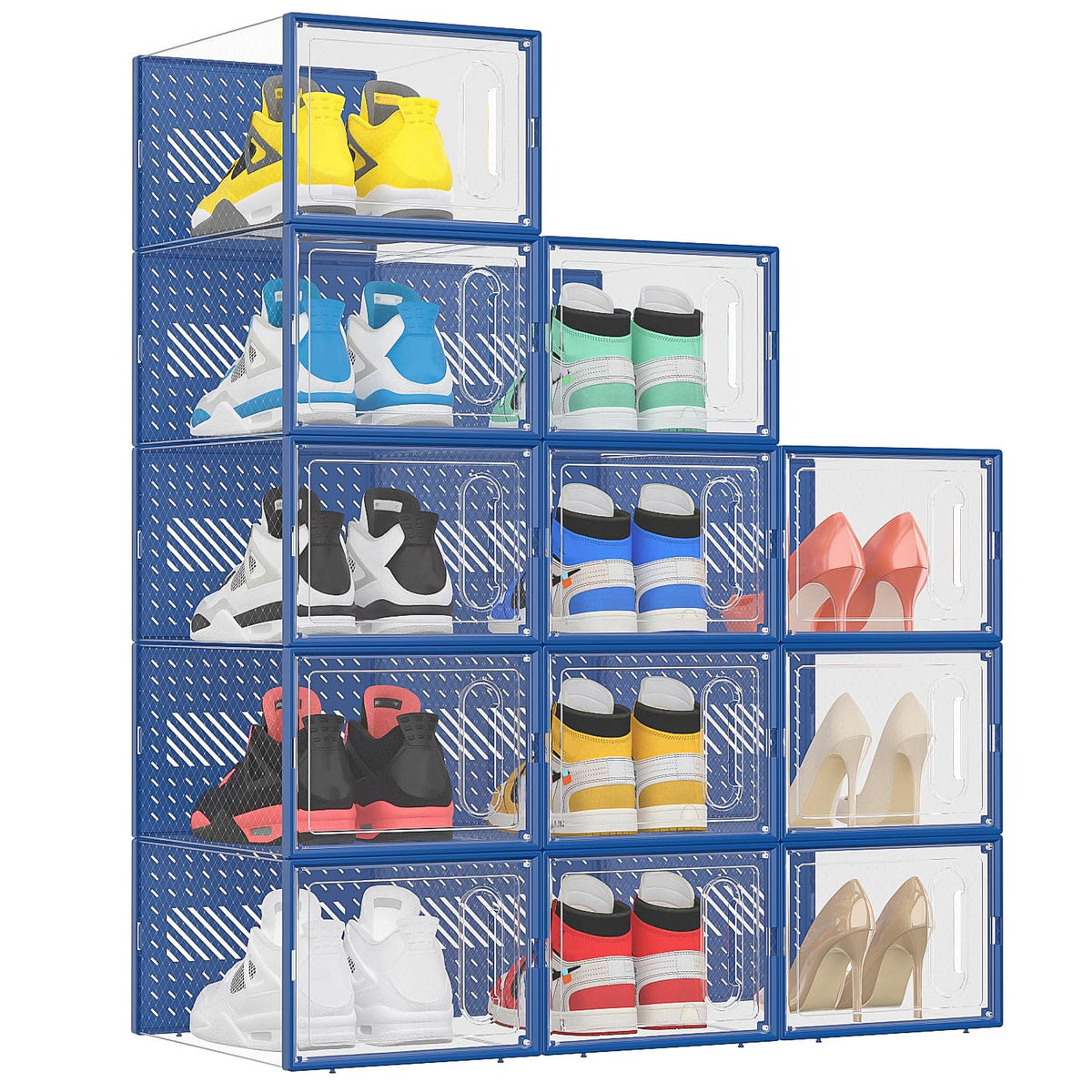eWonLife Large Shoe Organizer Storage Box with Magnetic Door,12 Pack Clear Plastic Stackable Sneaker Containers for Closet, Connect Left and Right Shoe Box for Entryway, Drop Front, Under Bed (Grey)