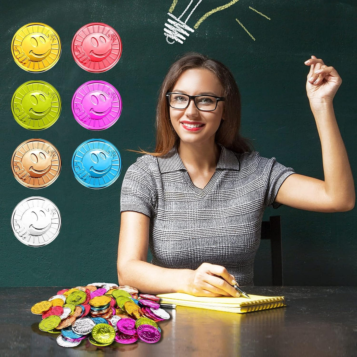 100 Pcs Caught Being Good Coins With Reward Jar, Colorful Plastic Incentive Behavior Tokens, Pretend Play Coins for Kids School Teacher