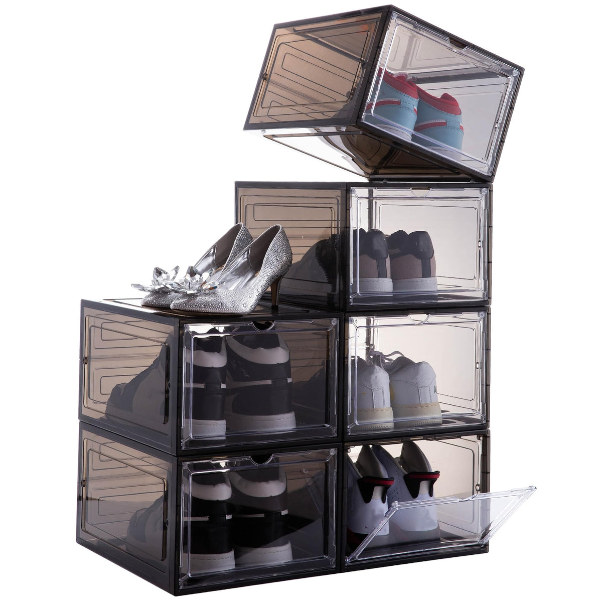 Attelite Shoe Storage Boxes Stackable Clear Shoe Organizer,6 Pack Black