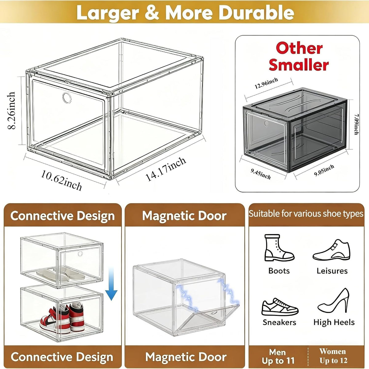 Clear Shoe Storage Boxes 9 Pack, Stackable Bins with Magnetic Doors