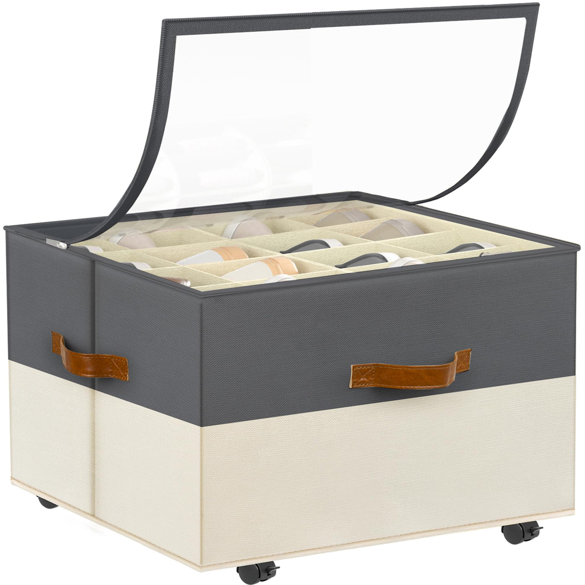 Foyego Shoe Organizer for Closet, Shoe Storage with Wheels, Beige