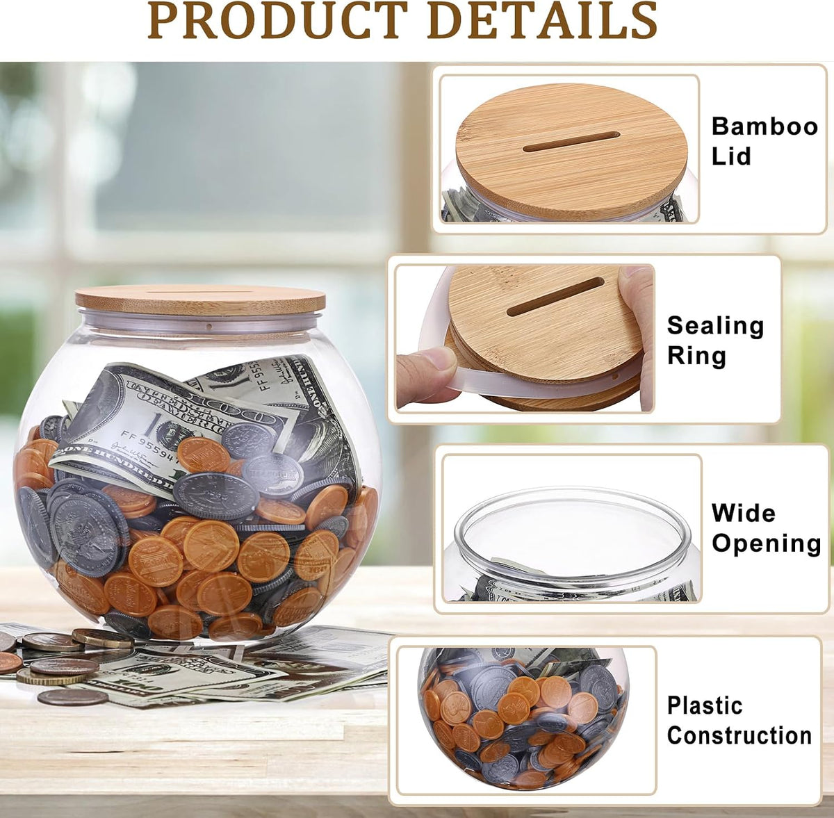 Sumnacon Laundry Room Coin Bank Jar Money Jars with Slot and Wooden Lid