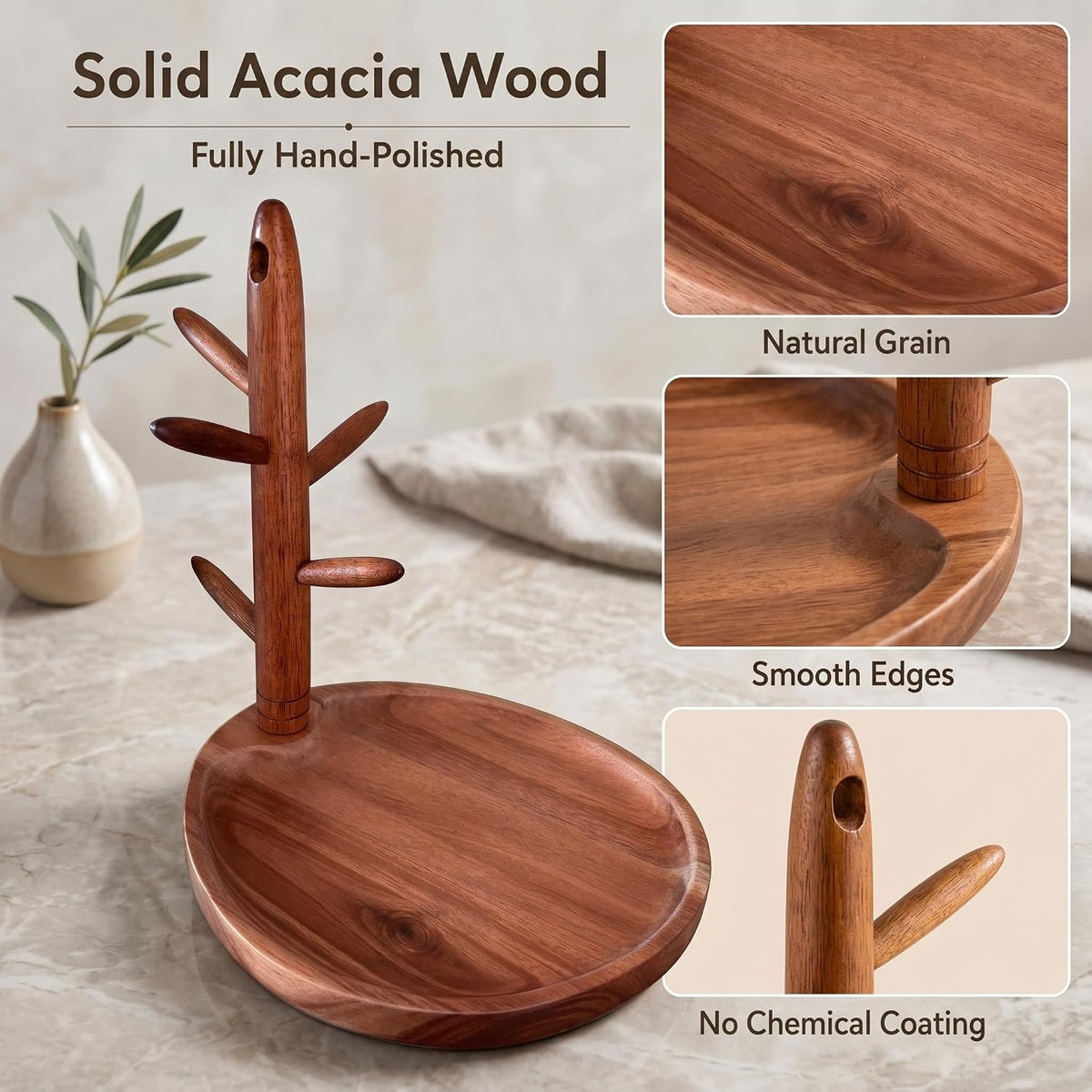 Solid Acacia Key Tray for Entryway Table, Key Holder with 5 Hooks and Catchall Tray, Organizer for Wallet, Watch, Jewelry, Dresser Nightstand Room Decor Gift
