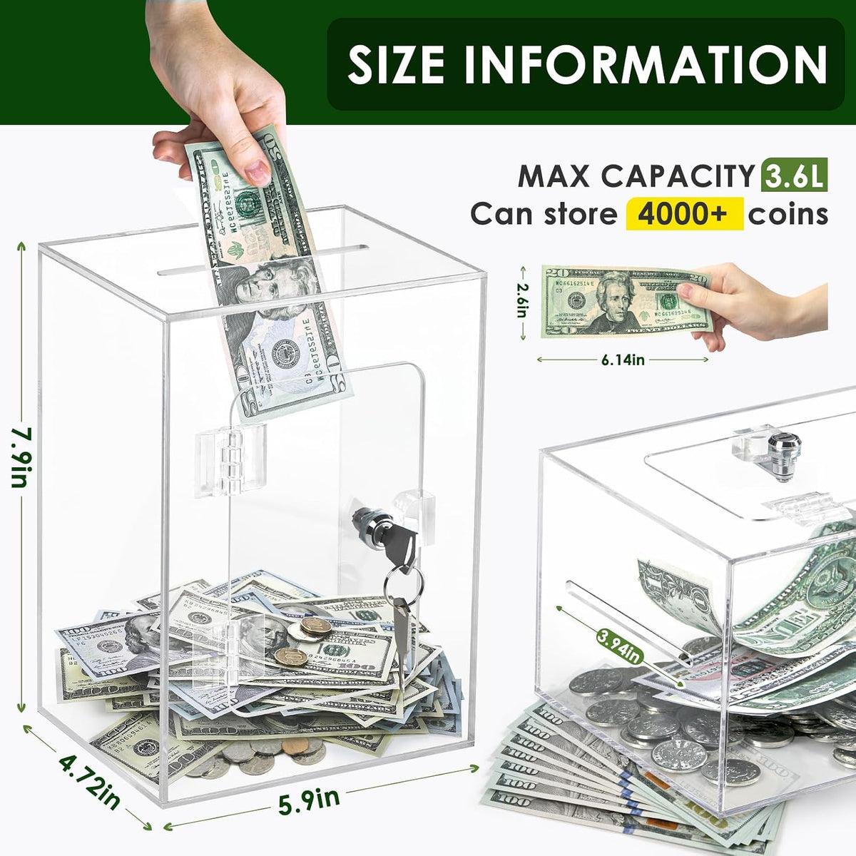 X-Large Piggy Bank for Adults Kids, Acrylic Clear Piggy Bank with Key