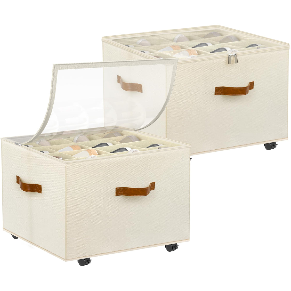 Foyego Shoe Organizer for Closet, Shoe Storage with Wheels, Beige