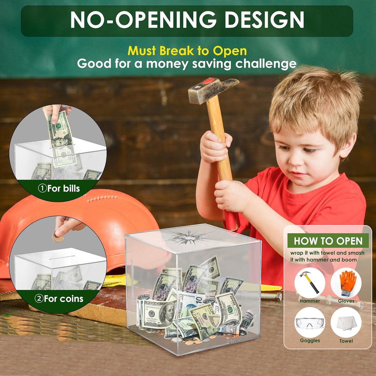 Piggy Bank for Adults Must Break to Open Acrylic Clear Piggy Bank Coin Bank