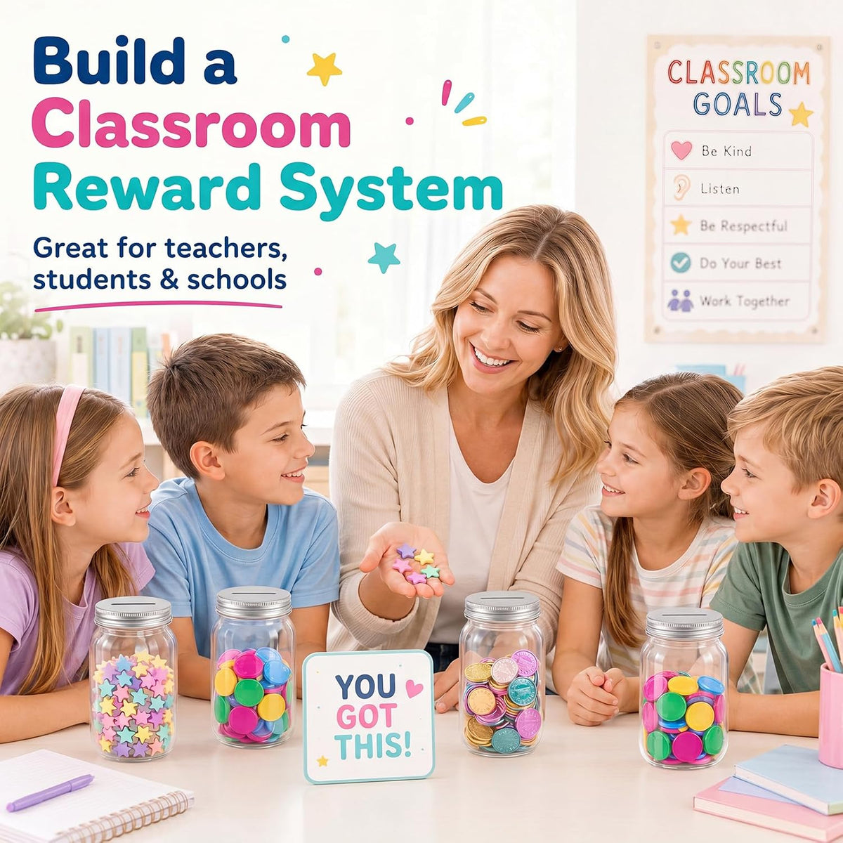 Roowest 6 Pcs Reward Jars for Kids Classroom Behavior Management