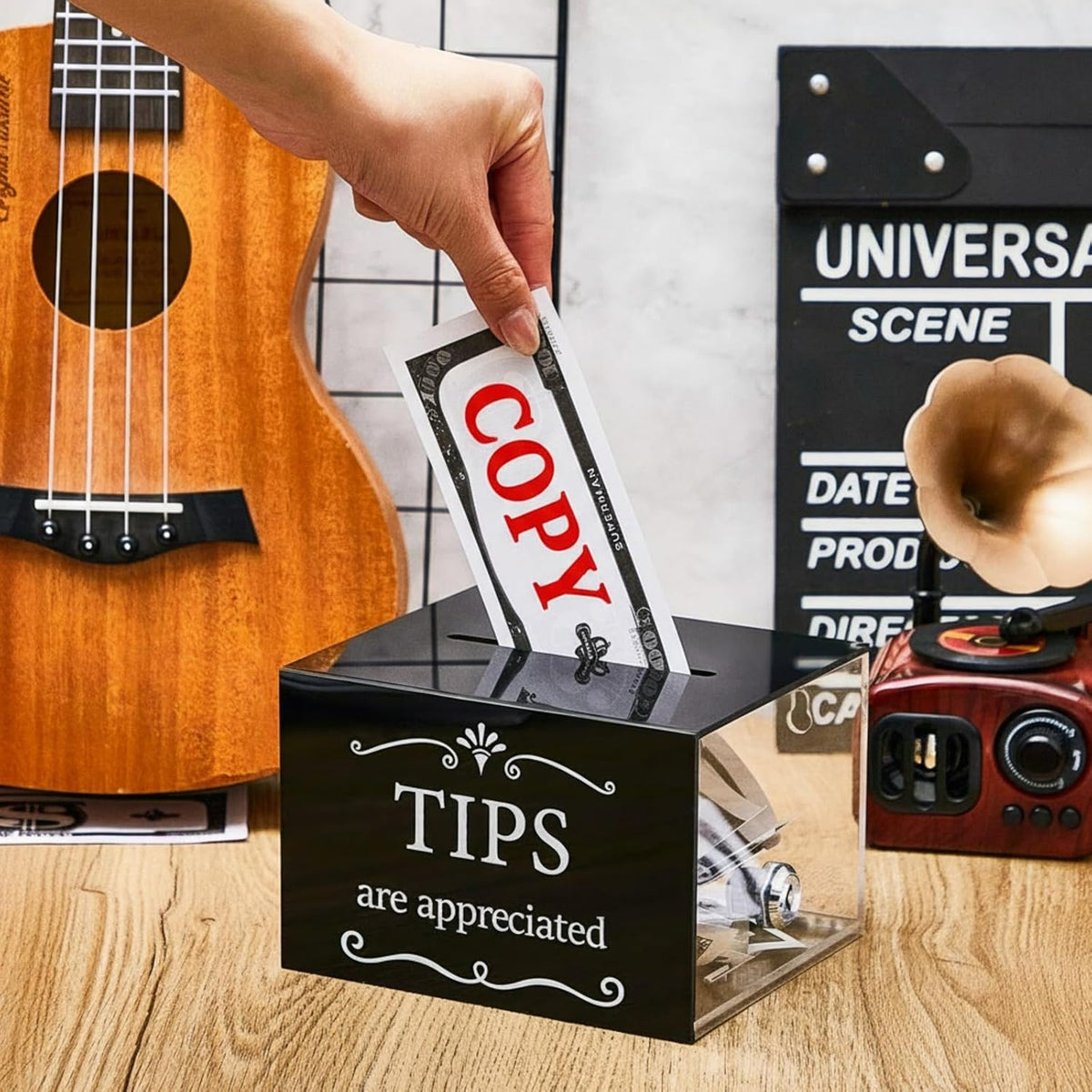 Vesici 2 Pcs Acrylic Tips Jar for Bartender Plastic Bar Tip Jar Donation Tip Bucket 6 x 4 x 5 Inch Coin Storage Container Suggestion Box Raffle Cash Box for Restaurants Musicians Driver Coin