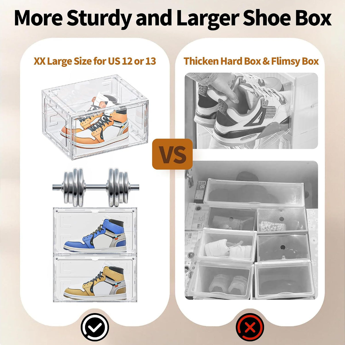 6 Pack Hard Plastic Clear Shoe Storage Organizer Boxes, White