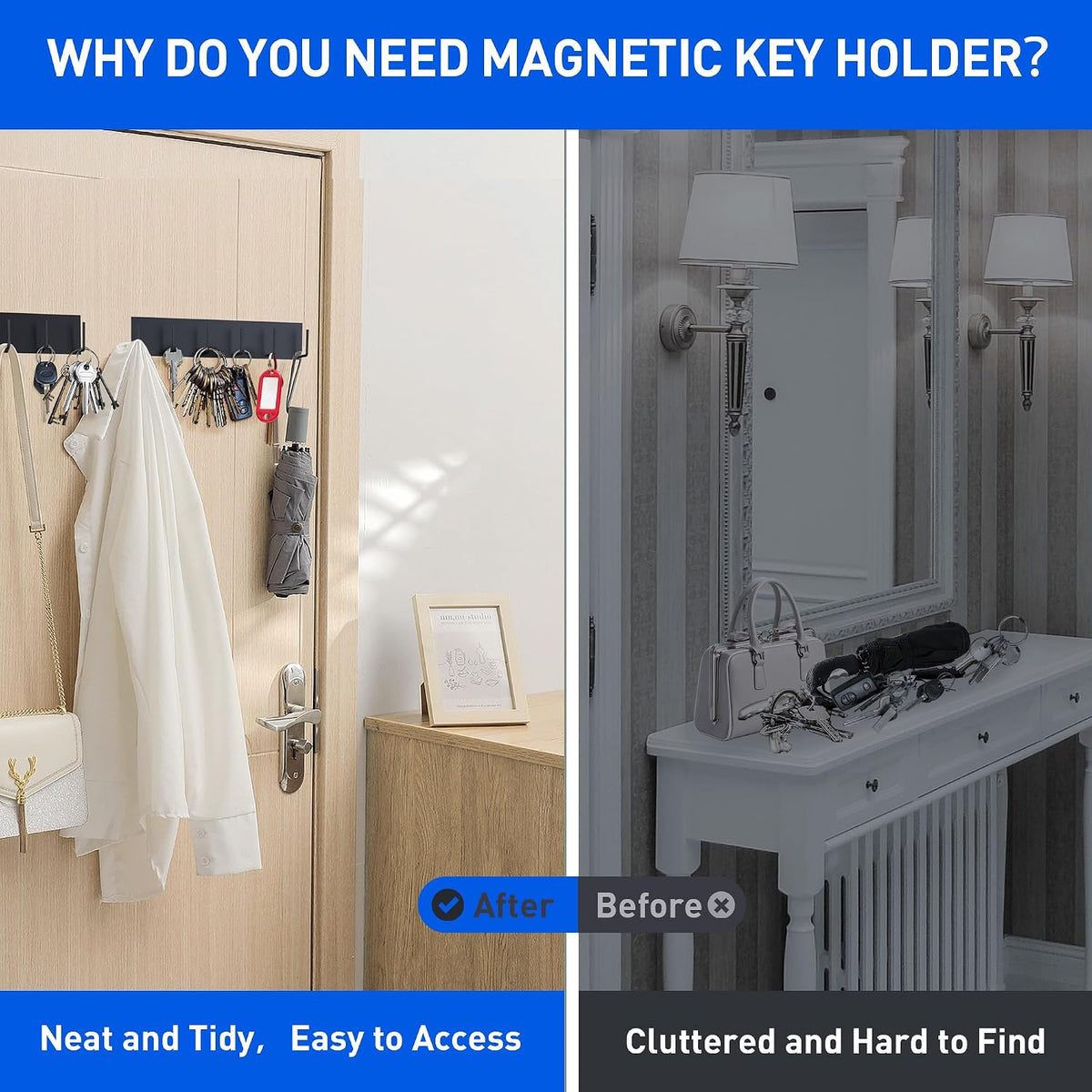 Magnetic Key Holder Wall Mount, Magnetic Key Rack Hanger With 6 Hooks For Metal Front Door, Magnetic Utensil Holder For Fridge, Strong Magnet Hanger Hook For Hanging Purse Kitchen Grill Tools Coat